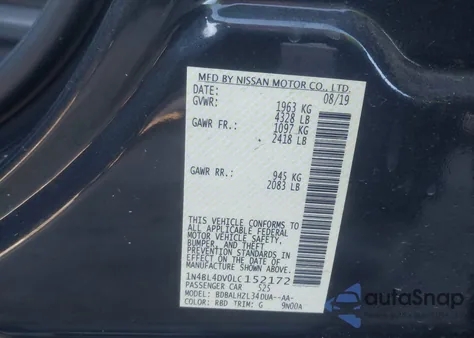 2020 Nissan Altima Sv Fwd from USA, damaged, VIN 1N4BL4DV0LC152172